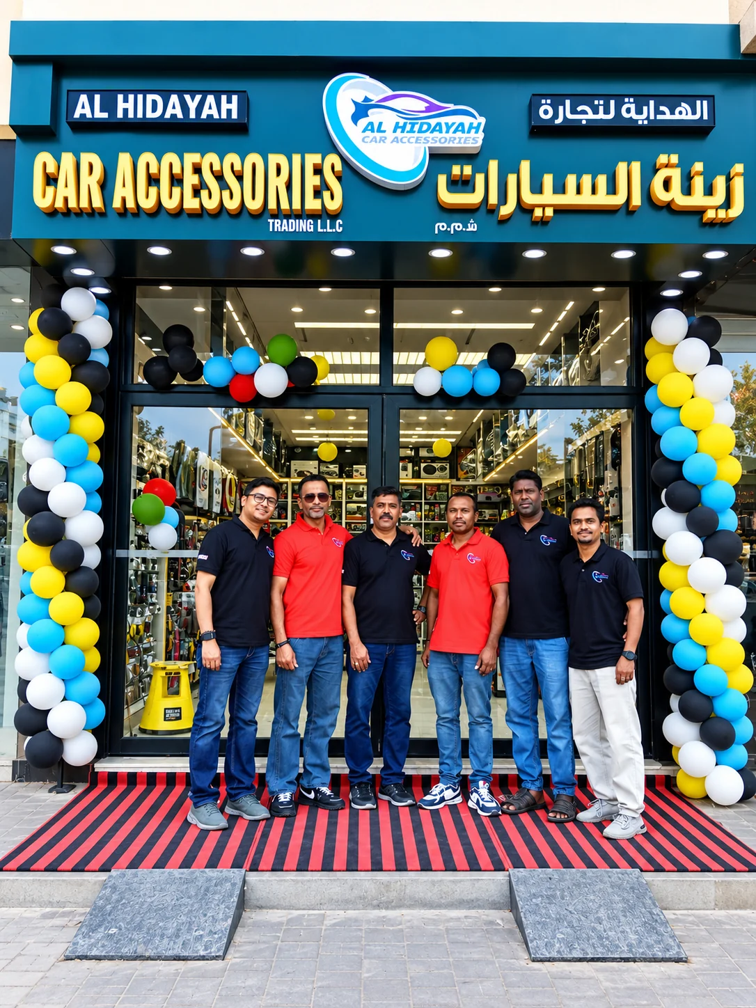 Al Hidayah Car Accessories grand opening with the team in front of the Umm Al Quwain store